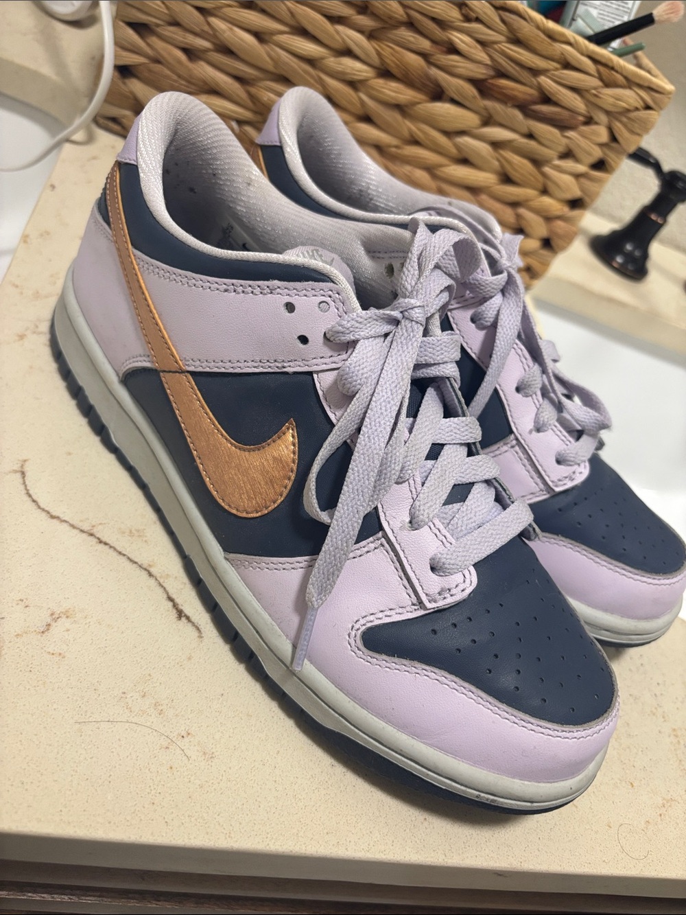 Nike Lavender and Navy Low-Top Sneakers with Gold Swoosh